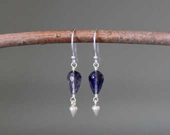 Iolite Earrings - Blue Gemstone Earrings - Blue and Silver Earrings - Bali Silver Earrings - Silver Dangle Earrings - Silver Wire Wrapped