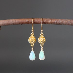 Ethiopian Opal Earrings - Opal and Gold Earrings - Gold Flower Earrings - 24k Gold Vermeil Earrings - Opalescent Earrings - Gold Wire Wrap