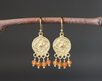 Carnelian Earrings - Orange Gemstone Earrings - Gold Chandelier Earrings - Orange and Gold Earrings - Wire Wrapped Earrings - Matte Gold