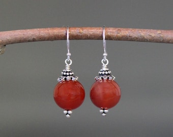 Red Agate Earrings - Bali Silver Earrings - Red Gemstone Earrings - Wire Wrapped Earrings Silver - Statement Jewelry