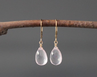 Rose Quartz and Gold Leverback Earrings - Pink Gemstone Dangles - Wire Wrapped Jewelry
