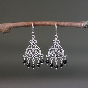Black Spinel Earrings - Silver Chandelier Earrings - Black Gemstone Earrings - Bali Silver Earrings - Silver Filigree - Statement Jewelry