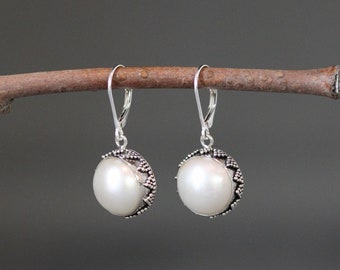 White Pearl Earrings - Pearl Charm Earrings - Bali Silver Earrings - Pearl Dangle Earrings - Pearl and Silver Earrings