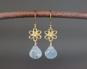 Aquamarine Earrings - Blue Gemstone Earrings - Gold Flower Earrings - Gold Dangles - Blue and Gold Earrings - Wire Wrapped Earrings