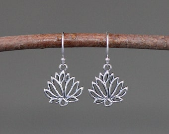 Lotus Flower Earrings - Bali Silver Lotus Charm - Flower Charm Earrings - Silver Flower Earrings - Floral Earrings