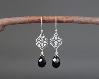 Onyx Dangle Earrings - Black Gemstone Earrings - Silver Filigree Earrings - Bali Silver - Wire Wrapped Earrings - Black Gemstone Earrings
