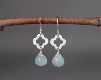 Aquamarine Earrings - Blue Gemstones - Brushed Silver Quatrefoil Dangles - Wire Wrapped Jewelry