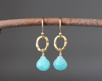 Amazonite Earrings - Turquoise Gemstone Earrings - Hammered Gold Earrings - Gold Wire Wrapped Earrings - Amazonite and Gold