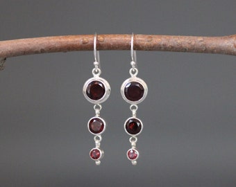 Garnet and Silver Earrings - Red Gemstone Earrings - January Birthstone Jewelry - Three Stone Earrings - Graduated Stone Earrings