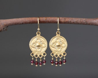Red Garnet Earrings - Red Gemstone Earrings - Gold Chandelier Earrings - Red and Gold Earrings - Gold Wire Wrap Earrings - Statement Jewelry