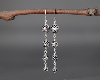 Bali Bead Earrings - Wire Wrapped Earrings - Graduated Silver Earrings - Bali Silver Earrings - Multi Bead Earrings