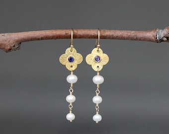 Blue Iolite and Gold Earrings - Pearl and Gold Earrings - Pearl and Gemstone Earrings - Gold Flower Earrings - Blue and Gold Earrings