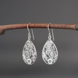 Silver Flower Earrings -  Silver Filigree Earrings - Silver Statement Earrings - Sterling Silver Earrings - Floral Earrings - All Silver