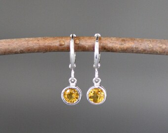 Citrine Earrings - Yellow Gemstone Earrings - Silver Huggie Earrings - Gemstone Dangle Earrings - Gemstone Bezel Earrings