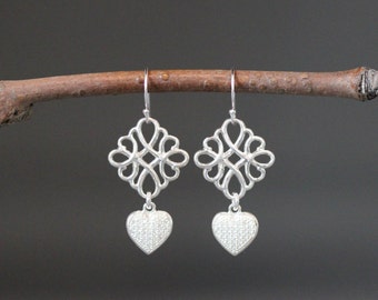 Pave Heart Earrings - Silver Heart Earrings - Silver Filigree Earrings - Heart Dangle Earrings - Gemstone Heart - Cubic Zirconia Hearts