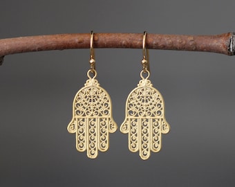 Gold Hamsa Earrings - Hamsa Hand Jewelry - Hand of Fatima - Judaica Jewelry - Matte Gold Earrings - Protection Earrings - Spiritual Jewelry