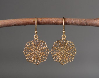Boucles d'oreilles en filigrane d'or - Boucles d'oreilles fleur en or - Boucles d'oreilles en or 24 carats - Boucles d'oreilles tendance en or - Boucles d'oreilles breloque en or - Boucles d'oreilles tout en or