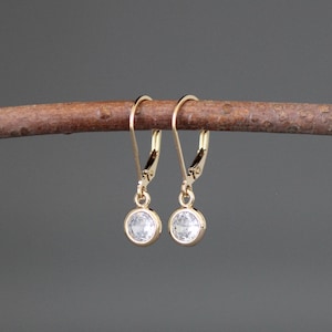 Cubic Zirconia Earrings - Gold Bezel Earrings - Clear Gemstone Earrings - Gold Leverback Earrings - Round Stone Earrings - Small Earrings