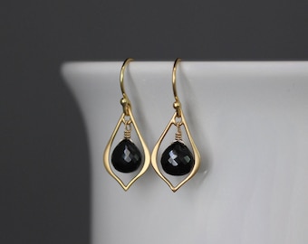 Black Spinel Earrings - Black and Gold Earrings - Black Gemstone Earrings - Gold Wire Wrapped Earrings - Matte Gold Earrings