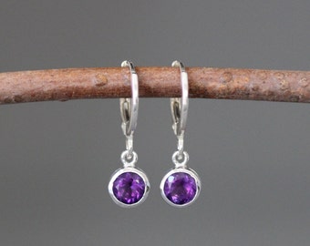 Amethyst Earrings - Silver Huggie Earrings - Purple Gemstone Earrings - Gemstone Dangle Earrings - Small Earrings