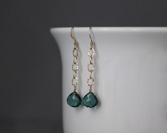Green Quartz Earrings - Gemstone and Gold Earrings - Green Gemstone Earrings - Gold Chain Earrings - Long Dangle Earrings