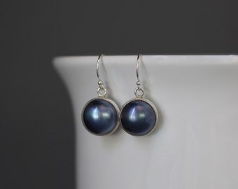 Black Pearl Earrings - Bali Silver Earrings - Pearl Charm Earrings - Pearl Bezel Earrings - Pearl Dangle Earrings - Round Pearl Earrings