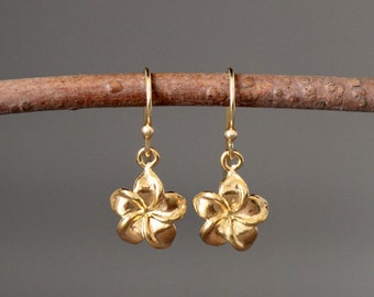 Gold Flower Earrings - Plumeria Flower Earrings - Gold Dangles - Flower Charm Earrings - 14k Gold Vermeil Earrings - All Gold Earrings