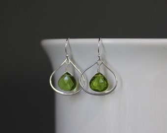 Peridot Quartz Earrings - Green and Silver Earrings - Green Gemstone Earrings - Silver Wire Wrapped Earrings - Chandelier Earrings
