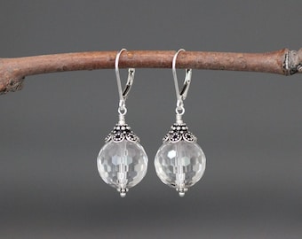 Quartz Crystal Earrings - Clear Quartz Earrings - Bali Silver Earrings - Clear and Silver - Wire Wrapped Earrings Silver - Statement Jewelry