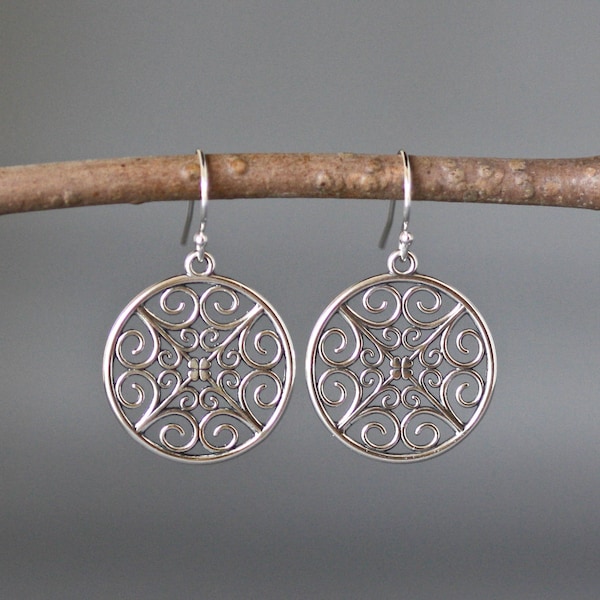 Silver Filigree Earrings - Bali Silver Earrings - Silver Dangle Earrings - Round Silver Earrings - Silver Circle Earrings