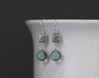 Teal Blue Quartz Earrings - Silver Leaf Earrings - Blue Gemstone Earrings - Bali Silver Earrings - Chandelier Earrings