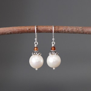 Hesonite Garnet and Pearl Earrings - Orange Gemstone Earrings - Pearl and Gemstone Earrings - Pearl Dangle Earrings - Akoya Pearl Earrings