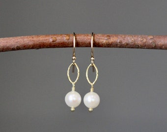 White Pearl Earrings - Pearl and Gold Earrings - Akoya Pearl Earrings - Pearl Bridal Jewelry - Gold Wire Wrapped Earrings - Classic Pearls