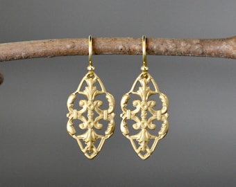 Gold Filigree Earrings - Matte Gold Earrings - 18k Gold Vermeil - Simple Gold Earrings - Lightweight Gold Earrings - All Gold Earrings