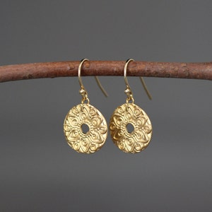 Gold Mandala Earrings Round Gold Earrings Gold Coin Earrings 18k Gold Vermeil Earrings Gold Charm Earrings image 2