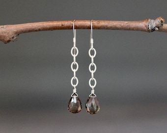 Smokey Quartz Earrings - Brown Gemstone Earrings - Gem and Silver Earrings - Silver Chain Earrings - Long Dangle Earrings