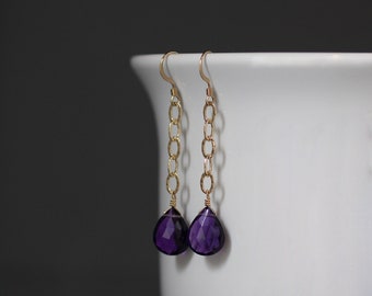 Amethyst Quartz Earrings - Gemstone and Gold Earrings - Purple Gemstone Earrings - Gold Chain Earrings - Long Dangle Earrings