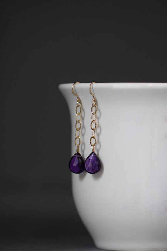 Amethyst Quartz Earrings - Gemstone and Gold Earrings - Purple Gemstone Earrings - Gold Chain Earrings - Long Dangle Earrings
