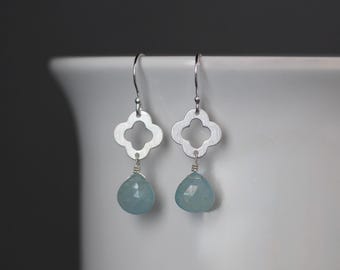 Aquamarine Earrings - Blue Gemstones - Brushed Silver Quatrefoil Dangles - Wire Wrapped Jewelry