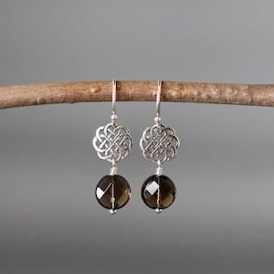 Smokey Quartz Earrings - Brown Gemstone Earrings - Celtic Knot Earrings - Bali Silver Earrings