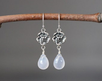 Blue Chalcedony Earrings - Silver Flower Earrings - Silver Dangle Earrings - Bali Silver Earrings - Chandelier Earrings - Wire Wrap Earrings