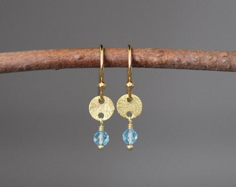 Blue Topaz and Gold Earrings - Blue Gemstone Earrings - Small Gold Earrings - Brushed Gold Earrings - Blue and Gold Earrings - Gift for Girl