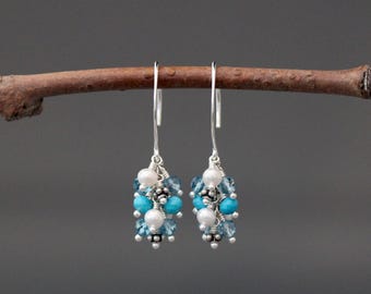 Multicolor Gemstone and Sterling Silver Earrings - Turquoise Cluster Long Dangles - Wire Wrapped Jewelry