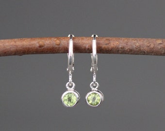 Green Peridot Earrings - Silver Huggie Earrings - Green Gemstone Earrings - Gemstone Dangle Earrings - Small Gemstone Earrings