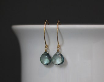 Mystic Quartz and Gold Earrings - Green Quartz Earrings - Long Gold Earrings - Green and Gold Earrings - Gold Wire Wrapped Earrings