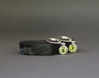 Green Peridot Earrings - Silver Huggie Earrings - Green Gemstone Earrings - Gemstone Dangle Earrings - Small Gemstone Earrings