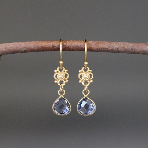 Iolite Quartz and Gold Earrings - Blue Gemstone Earrings - Gold Link Earrings - Gemstone Bezel Earrings - Long Gold Earrings