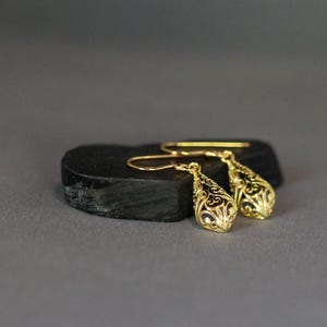 Gold Filigree Earrings - 24k Gold Vermeil Earrings - Gold Charm Earrings - Gold Dangle Earrings - Everyday Jewelry image 3