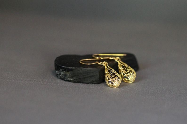 Gold Filigree Earrings - 24k Gold Vermeil Earrings - Gold Charm Earrings - Gold Dangle Earrings - Everyday Jewelry image 3