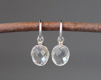 Quartz Crystal Earrings - Silver Post Hoops - Clear Gemstone Earrings - April Birthstone - Clear Gemstone Earrings